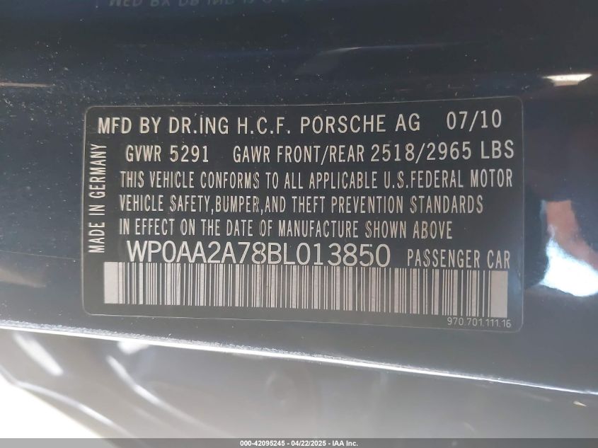 2011 Porsche Panamera 4 VIN: WP0AA2A78BL013850 Lot: 42095245