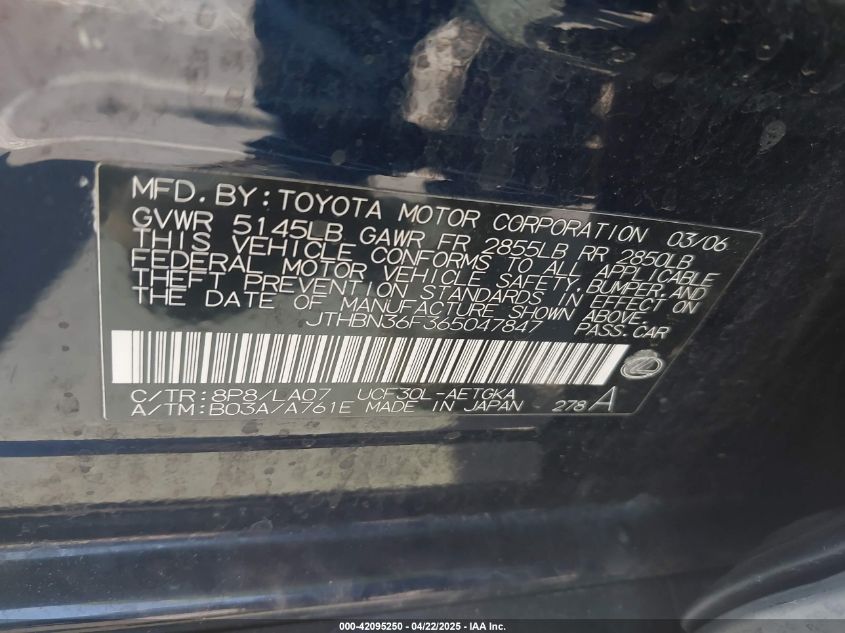 2006 Lexus Ls 430 VIN: JTHBN36F365047847 Lot: 42095250