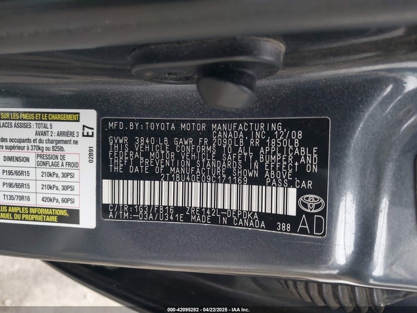 2009 TOYOTA COROLLA VIN: 2T1BU40E09C171169