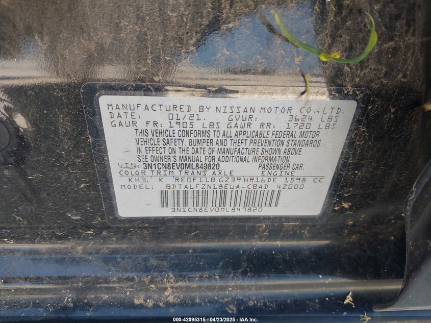 2021 NISSAN VERSA VIN: 3N1CN8EV0ML849820