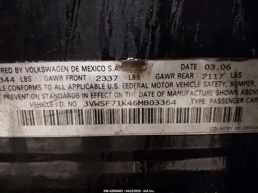 2006 Volkswagen Jetta 2.5 VIN: 3VWSF71K46M803364 Lot: 42095403