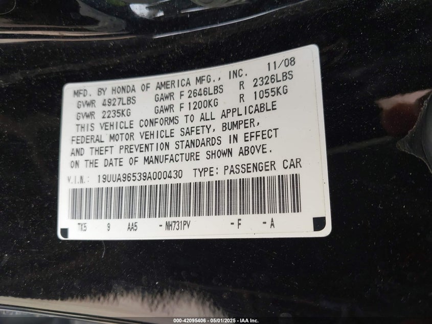 2009 ACURA TL VIN: 19UUA96539A000430