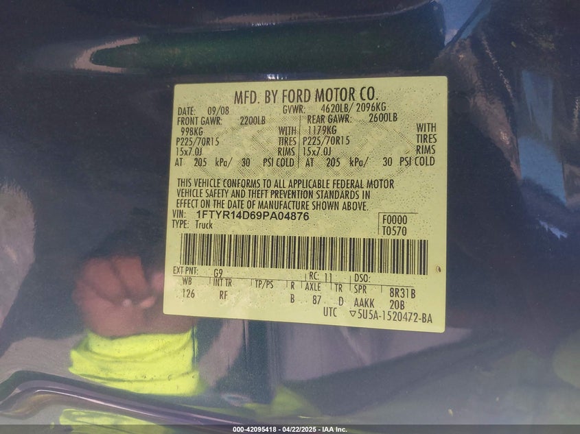 2009 FORD RANGER VIN: 1FTYR14D69PA04876