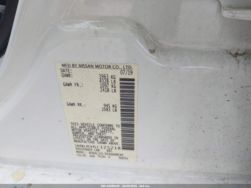 2020 Nissan Altima Sr Fwd VIN: 1N4BL4CV4LC125218 Lot: 42095440