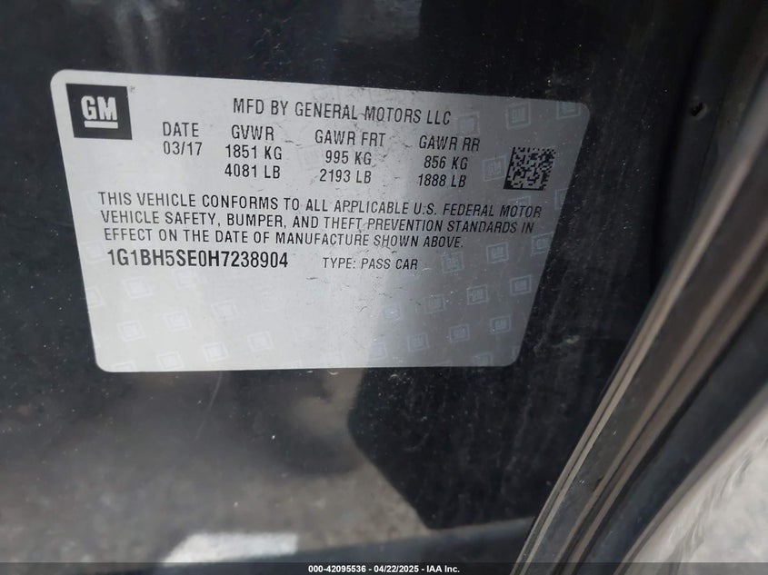 2017 CHEVROLET CRUZE VIN: 1G1BH5SE0H7238904