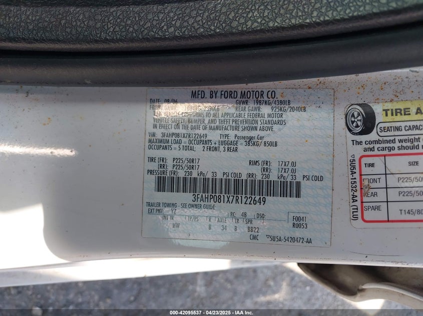 2007 FORD FUSION VIN: 3FAHP081X7R122649
