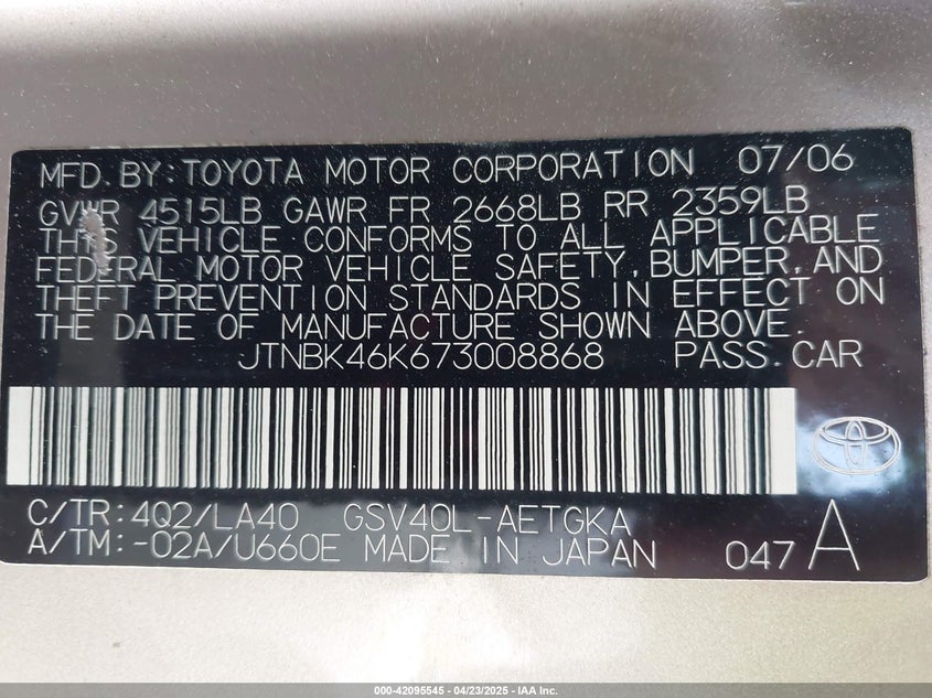 2007 TOYOTA CAMRY VIN: JTNBK46K673008868