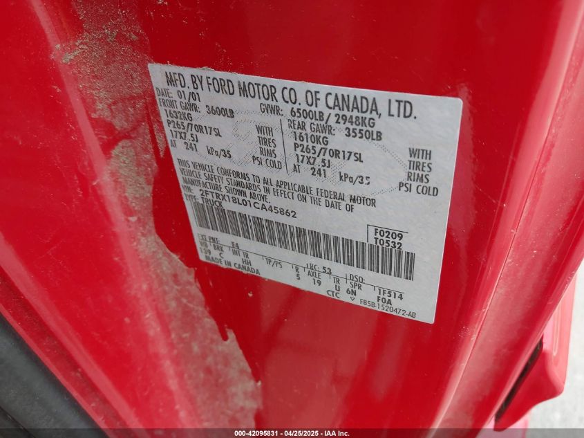 2001 Ford F-150 Lariat/Xl/Xlt VIN: 2FTRX18L01CA45862 Lot: 42095831