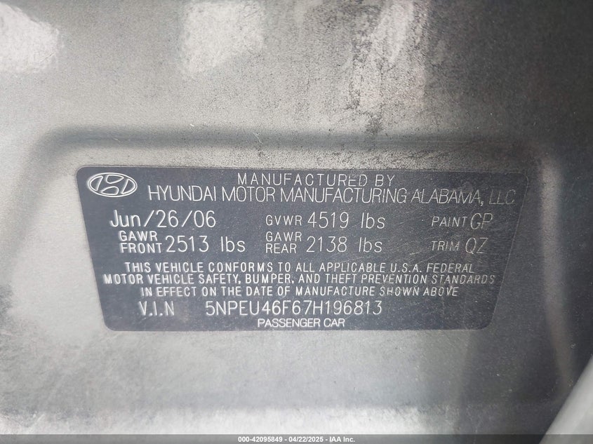 2007 HYUNDAI SONATA VIN: 5NPEU46F67H196813