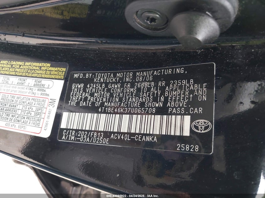2007 TOYOTA CAMRY VIN: 4T1BE46K37U065708