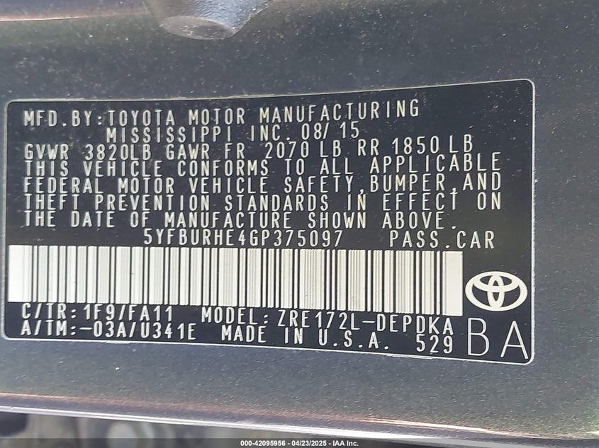 2016 TOYOTA COROLLA VIN: 5YFBURHE4GP375097
