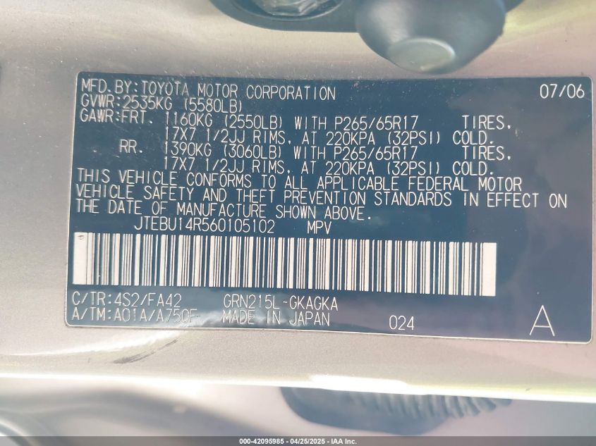 2006 Toyota 4Runner Sr5 Sport V6/Sr5 V6 VIN: JTEBU14R563705102 Lot: 42095985