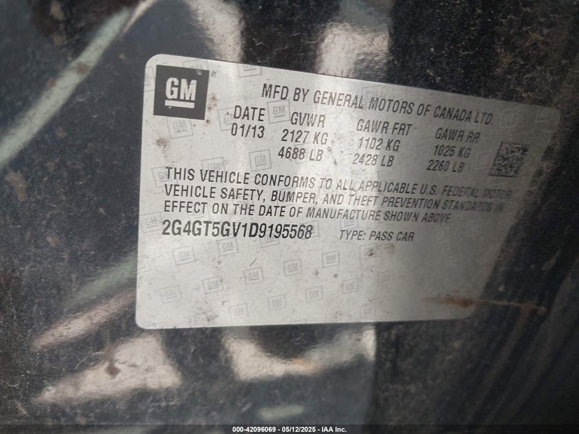 2013 BUICK REGAL VIN: 2G4GT5GV1D9195568