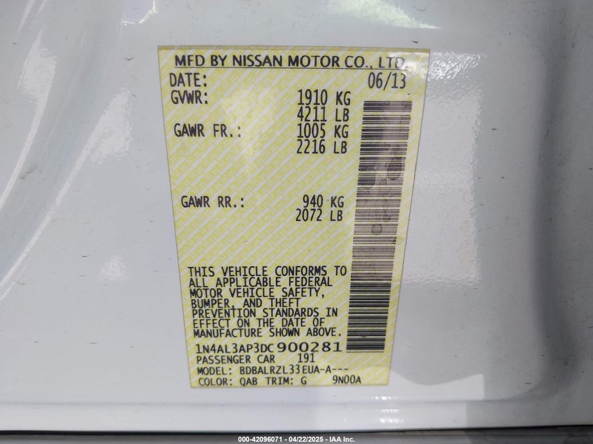 2013 NISSAN ALTIMA VIN: 1N4AL3AP3DC900281