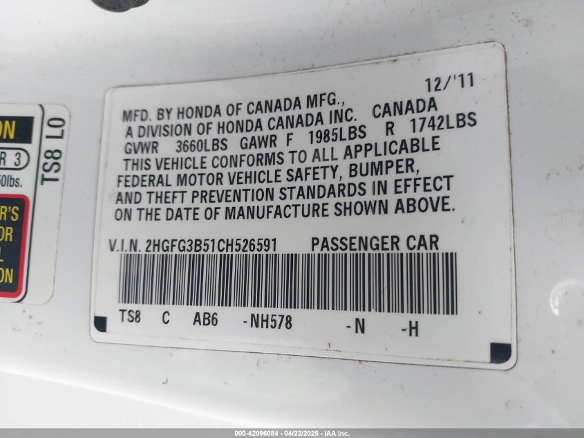 2012 Honda Civic Lx VIN: 1HGFG3B51CH526591 Lot: 42096084