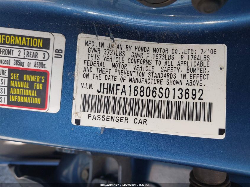 2006 Honda Civic Ex VIN: JHMFA16806S013692 Lot: 42096127