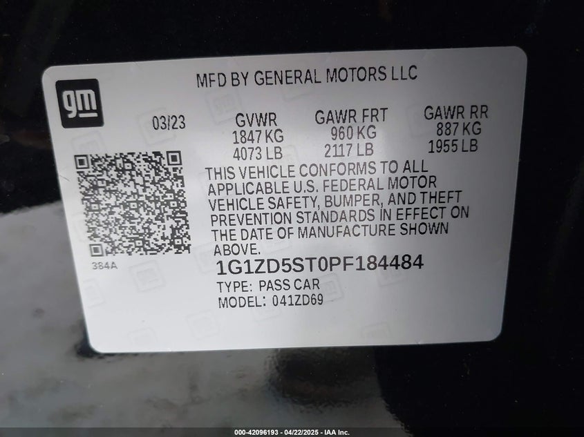 2023 CHEVROLET MALIBU VIN: 1G1ZD5ST0PF184484