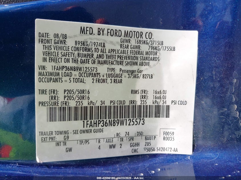2009 FORD FOCUS VIN: 1FAHP36N89W125573