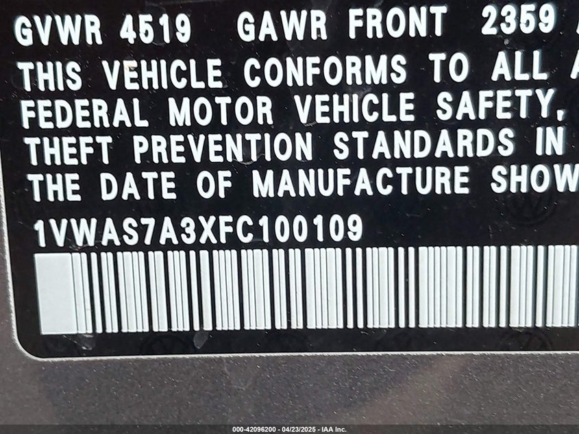 2015 VOLKSWAGEN PASSAT 1.8T LIMITED EDITION/1.8T S/1.8T WOLFSBURG EDITION - 1VWAS7A3XFC100109