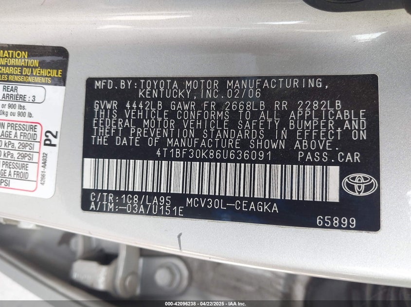 2006 TOYOTA CAMRY VIN: 4T1BF30K86U636091