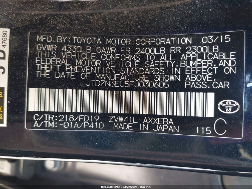 2015 TOYOTA PRIUS V VIN: JTDZN3EU5FJ030605