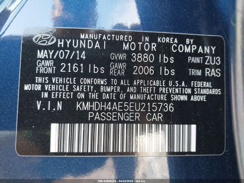 2014 Hyundai Elantra Se VIN: KMHDH4AE5EU215736 Lot: 42096253