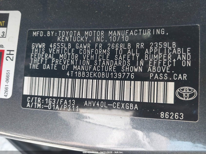 2011 TOYOTA CAMRY HYBRID VIN: 4T1BB3EK0BU139776