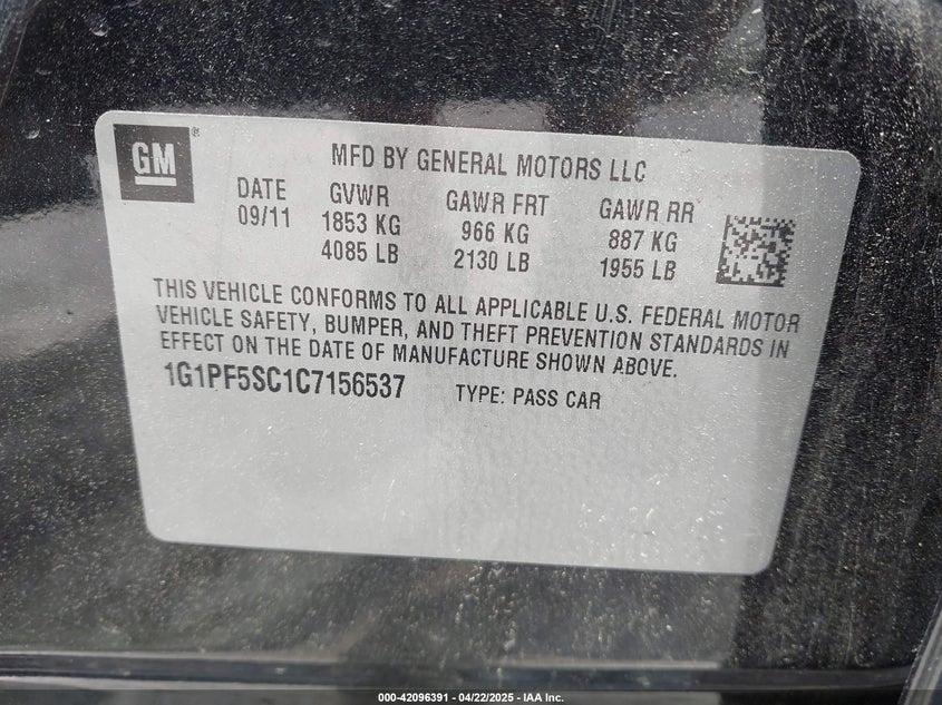 2012 CHEVROLET CRUZE VIN: 1G1PF5SC1C7156537