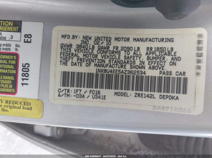 2010 TOYOTA COROLLA VIN: 1NXBU4EE5AZ362534