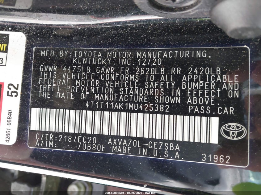 2021 TOYOTA CAMRY VIN: 4T1T11AK1MU425382