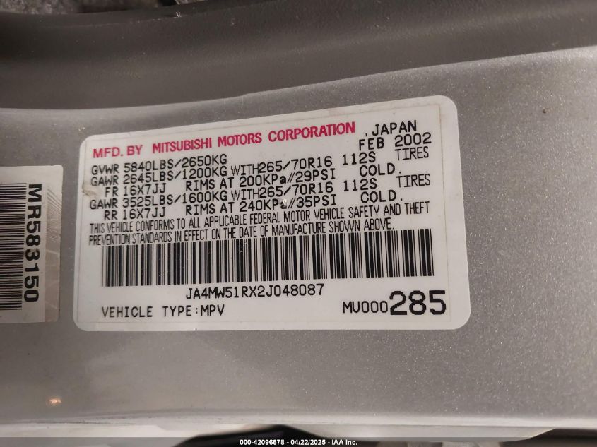 2002 Mitsubishi Montero Limited VIN: JA4MW51RX2J048087 Lot: 42096678