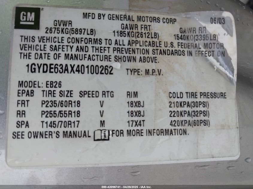 2004 Cadillac Srx V8 VIN: 1GYDE63AX40100262 Lot: 42096741