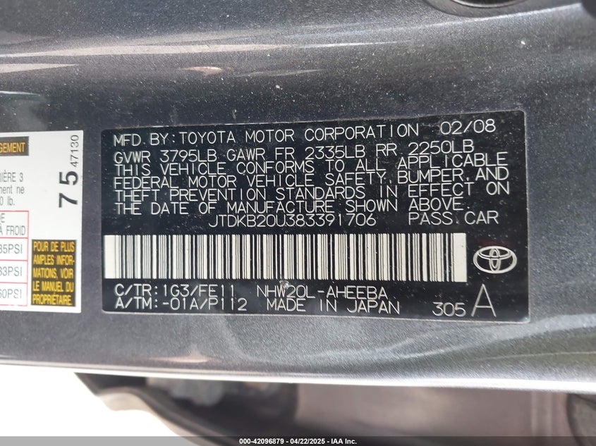 2008 TOYOTA PRIUS VIN: JTDKB20U383391706