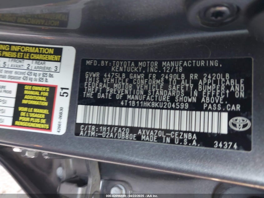 2019 TOYOTA CAMRY VIN: 4T1B11HK8KU204599