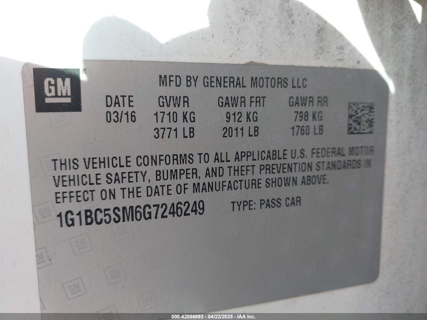 2016 CHEVROLET CRUZE VIN: 1G1BC5SM6G7246249