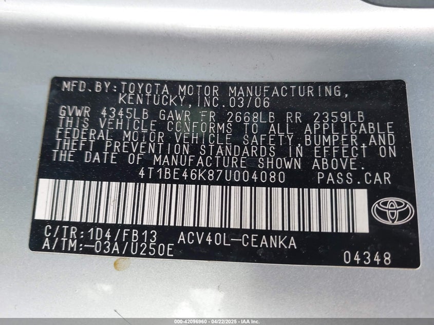 2007 TOYOTA CAMRY VIN: 4T1BE46K87U004080