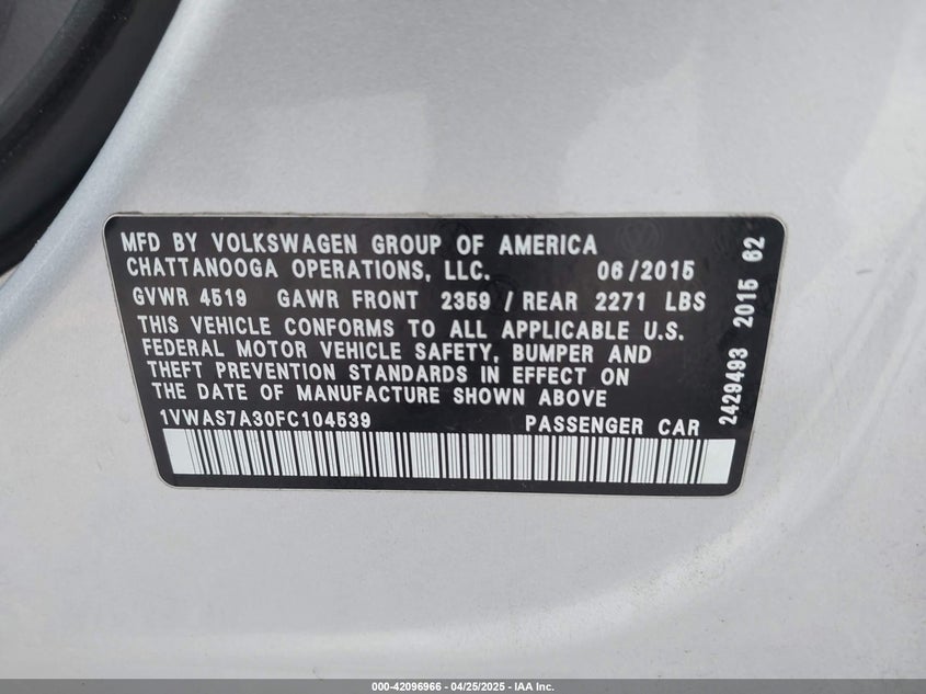 2015 VOLKSWAGEN PASSAT VIN: 1VWAS7A30FC104539