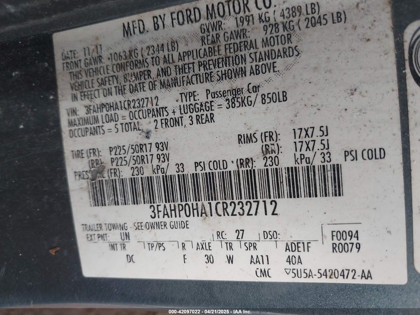 2012 FORD FUSION VIN: 3FAHP0HA1CR232712
