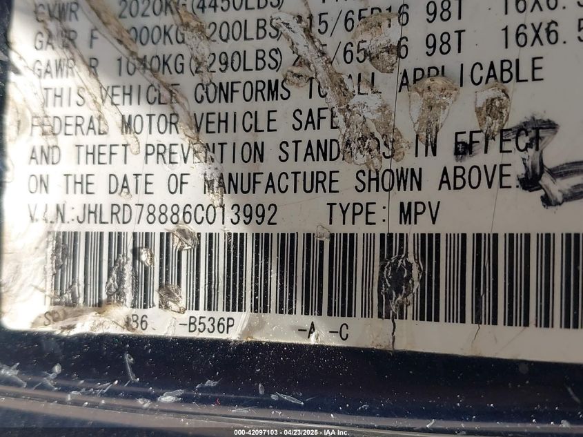 2006 Honda Cr-V Ex VIN: JHLRD78886CO13992 Lot: 42097103