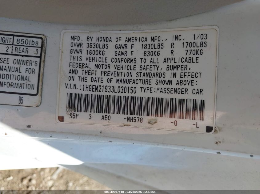 2003 Honda Civic Ex VIN: 1HGEM21933L030150 Lot: 42097110