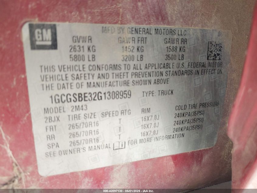 2016 Chevrolet Colorado Wt VIN: 1GCGSBE32G1308959 Lot: 42097130