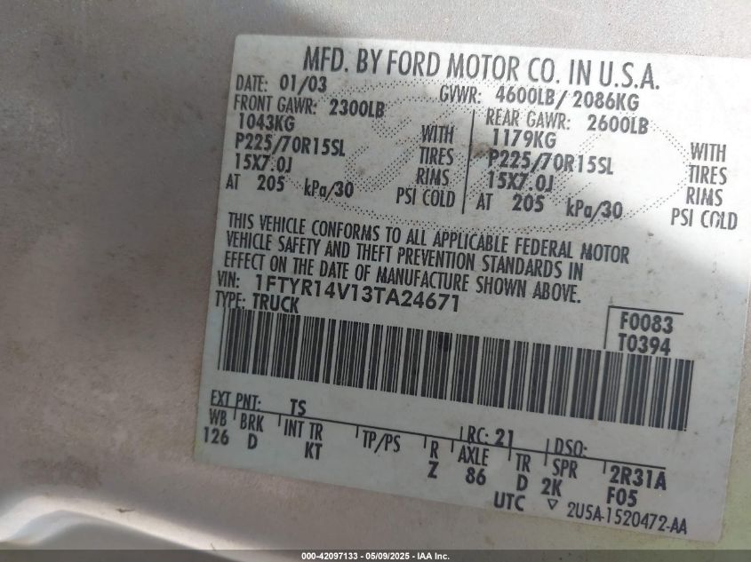 2003 Ford Ranger Edge/Tremor/Xl/Xlt VIN: 1FTYR14V13TA24671 Lot: 42097133