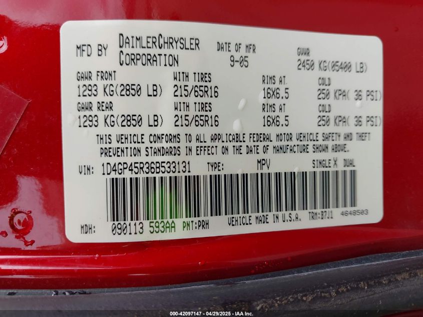 2006 Dodge Caravan Se VIN: 1D4GP25R86B533131 Lot: 42097147