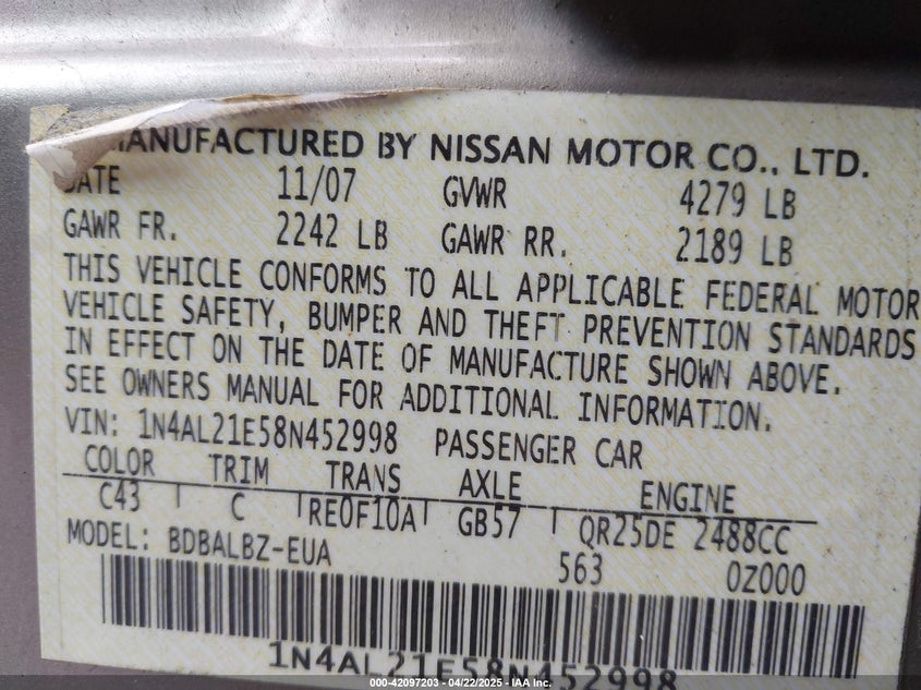 2008 NISSAN ALTIMA VIN: 1N4AL21E58N452998