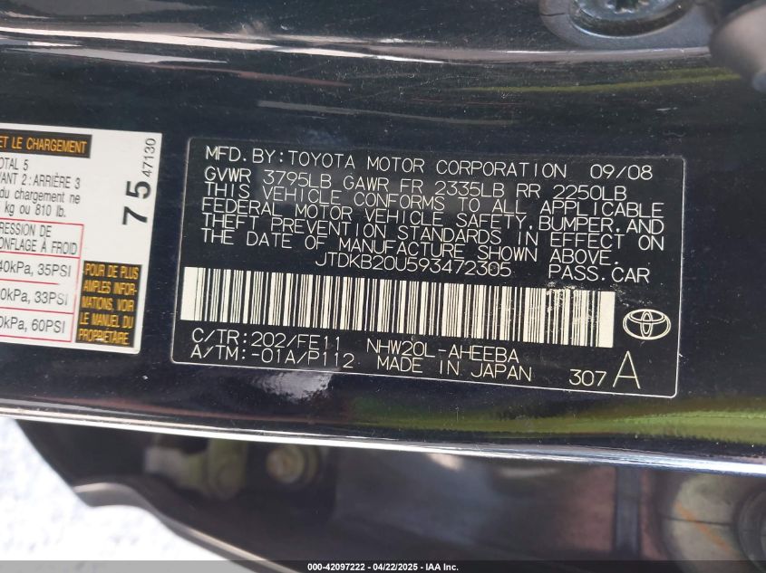 2009 Toyota Prius VIN: JTDKB20U593472305 Lot: 42097222