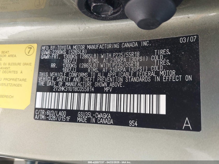 2008 Lexus Rx 350 VIN: 2T2HK31U18C055814 Lot: 42097237