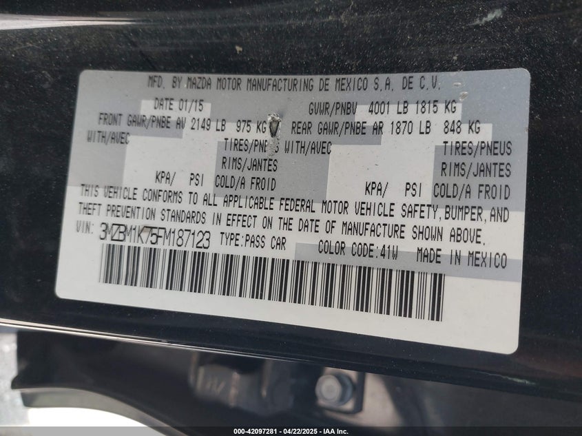 2015 MAZDA MAZDA3 VIN: 3MZBM1K75FM187123