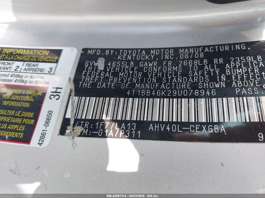 2009 TOYOTA CAMRY VIN: 4T1BB46K29U078946