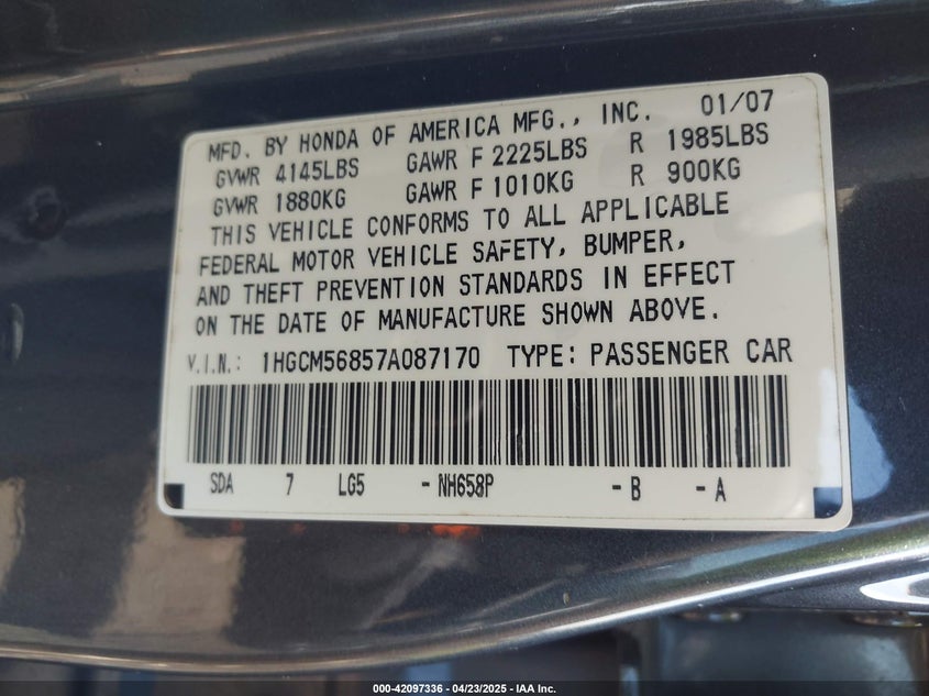 2007 HONDA ACCORD VIN: 1HGCM56857A087170