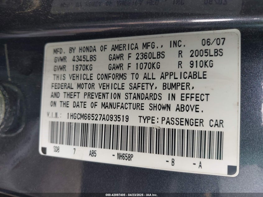 2007 HONDA ACCORD VIN: 1HGCM66527A093519